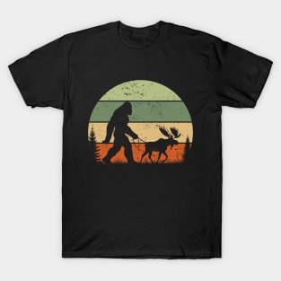 Vintage Bigfoot Walking a Moose Retro Sunset Outdoor T-Shirt